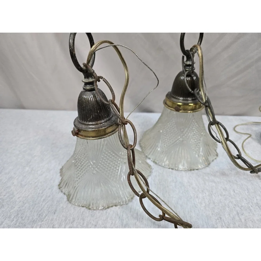Vintage Brass Double‎ Pendant Light Pair Frosted Glass Shades Hanging Lamps MCM